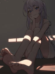 Rule 34 | 1girl, absurdres, ahoge, arm support, bare legs, barefoot, blurry, blurry foreground, braid, dark, depth of field, elaina (majo no tabitabi), feet, foot focus, foreshortening, hand up, highres, lan mao akko, light particles, looking at viewer, majo no tabitabi, parted lips, purple eyes, purple hair, sitting, smile, soles, solo, strap slip, toes, twintails