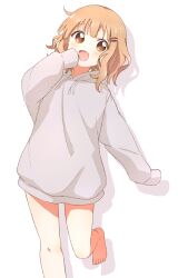 Rule 34 | 1girl, :d, barefoot, blush, brown eyes, commentary, dot nose, drawstring, drop shadow, fang, foot out of frame, grey hoodie, hair ornament, hairclip, hand to own mouth, hand up, happy, highres, hood, hood down, hoodie, leg up, light brown hair, long sleeves, looking at viewer, medium hair, minatsuki hitoka, naked hoodie, oomuro sakurako, open mouth, simple background, skin fang, sleeves past fingers, sleeves past wrists, smile, solo, standing, standing on one leg, wavy hair, white background, yuru yuri