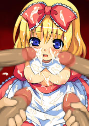 Rule 34 | 1girl, blonde hair, blue eyes, blush, breasts, bukkake, censored, character request, cum, cum on body, cum on breasts, cum on clothes, cum on hair, cum on upper body, facial, highres, kagura mizuki, mosaic censoring, nipples, non-web source, open mouth, penis, ribbon, solo focus, source request, tears