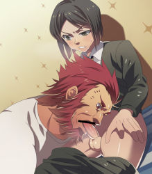 Rule 34 | 2boys, age difference, bar censor, blush, censored, erection, fate/zero, fate (series), fellatio, hatake ichi, iskandar (fate), male focus, multiple boys, oral, penis, size difference, undressing, waver velvet, wince, yaoi