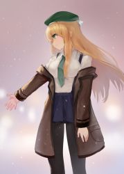 Rule 34 | 1girl, bad id, bad pixiv id, beret, black pantyhose, blonde hair, blue skirt, blush, bow, breasts, brown coat, closed mouth, coat, collared shirt, commentary, dokomon, girls&#039; frontline, green hat, green necktie, hair between eyes, hat, highres, long hair, long sleeves, looking away, looking to the side, m1 garand (girls&#039; frontline), medium breasts, necktie, off shoulder, open clothes, open coat, outstretched arm, pantyhose, pleated skirt, shirt, skirt, smile, solo, striped, striped bow, suspender skirt, suspenders, very long hair, white bow, white shirt