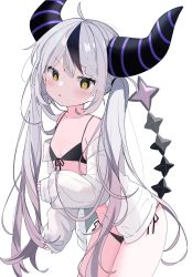 Rule 34 | 1girl, ahoge, bikini, blush, braid, breasts, demon horns, hair between eyes, highres, hololive, horns, la+ darknesss, long hair, long sleeves, looking at viewer, multicolored hair, nocchi (r ws2l), open mouth, pointy ears, purple hair, small breasts, solo, streaked hair, striped horns, swimsuit, very long hair, virtual youtuber, yellow eyes