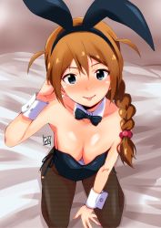 Rule 34 | 1girl, animal ears, baba konomi, bare shoulders, black leotard, blue eyes, blush, bow, bowtie, braid, breasts, brown hair, collarbone, commentary request, detached collar, earrings, fake animal ears, fishnet pantyhose, fishnets, hair ornament, hair over shoulder, hair scrunchie, highres, idolmaster, idolmaster million live!, jewelry, kneeling, leotard, long hair, looking at viewer, medium breasts, on bed, pantyhose, playboy bunny, ponpon, rabbit ears, scrunchie, single braid, solo, strapless, strapless leotard, tongue, tongue out, wrist cuffs