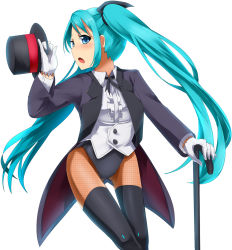 Rule 34 | 1girl, aqua eyes, aqua hair, bad anatomy, cane, fishnet pantyhose, fishnets, gloves, hat, hatsune miku, highres, leotard, long hair, looking at viewer, magician, magukappu, miracle paint (vocaloid), open mouth, pantyhose, poorly drawn, project diva, project diva (series), simple background, solo, thighhighs, top hat, twintails, vocaloid