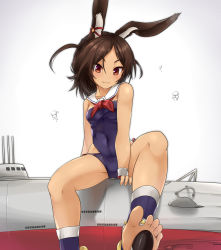 Rule 34 | 1girl, animal ears, azur lane, brown hair, bubble, rabbit ears, commentary request, covered navel, dark skin, dark-skinned female, detached collar, feet, i-26 (azur lane), legs, nm (tshell2761), one-piece swimsuit, sailor collar, school swimsuit, sexually suggestive, short hair, sitting, smile, soles, solo, spread legs, strapless, strapless one-piece swimsuit, submarine, swimsuit, toeless legwear, toes, torpedo, two side up, watercraft, wristband