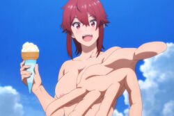 Rule 34 | 1girl, aizawa tomo, anime screenshot, breasts, food, ice cream, large breasts, looking at viewer, nipples, nude, open mouth, outdoors, red eyes, red hair, solo, tomo-chan wa onna no ko