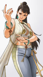 Rule 34 | 1girl, bracelet, breasts, brown eyes, capcom, chun-li, commentary request, earrings, highres, jewelry, large breasts, long hair, looking at viewer, nail polish, navel, official alternate costume, pants, smile, solo, street fighter, street fighter 6, white background, x chitch