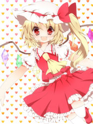 Rule 34 | 1girl, ascot, bad id, bad pixiv id, blonde hair, blush, embodiment of scarlet devil, female focus, flandre scarlet, happy, hat, highres, ichimonme (ichi), open mouth, red eyes, shoes, short hair, side ponytail, skirt, smile, solo, thighhighs, touhou, white thighhighs, wings