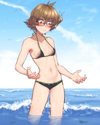 Rule 34 | 1girl, ^^^, absurdres, bikini, blush, breasts, brown hair, commission, fish, green bikini, highres, messy hair, navel, nipple slip, nipples, oversized breast cup, pidge gunderson, popopoka, short hair, small breasts, solo, standing, stomach, sweat, swimsuit, voltron: legendary defender, voltron (series), wading, wide-eyed