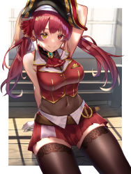 Rule 34 | 1girl, absurdres, arm behind head, arm support, black hat, black thighhighs, breasts, cleavage, closed mouth, covered navel, gloves, hair ribbon, hat, heterochromia, highres, hololive, houshou marine, large breasts, long hair, looking at viewer, pirate hat, pleated skirt, red eyes, red hair, red ribbon, red skirt, ribbon, see-through, see-through cleavage, shiroserika, sitting, skirt, sleeveless, smile, solo, thighhighs, twintails, virtual youtuber, white gloves, yellow eyes, zettai ryouiki