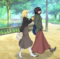 Rule 34 | 2girls, absurdres, andou (girls und panzer), ankle boots, bag, bench, black hair, black shorts, blonde hair, blue eyes, boots, brown eyes, brown skirt, carrying, cast, closed mouth, commentary request, cup, dark-skinned female, dark skin, day, disposable cup, drinking straw, from side, girls und panzer, grey footwear, grey jacket, hand in pocket, handbag, high-waist skirt, high heel boots, high heels, highres, holding, holding cup, hood, hood down, hoodie, huge filesize, jacket, lamppost, long skirt, long sleeves, looking at viewer, medium hair, messy hair, multiple girls, open mouth, oshida (girls und panzer), outdoors, park, park bench, partial commentary, pointing, shibainutank, shorts, skirt, smile, standing, tree, walking, walkway, white footwear