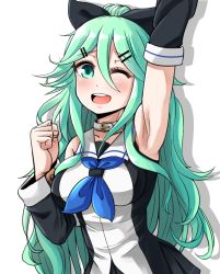 Rule 34 | 1girl, ;d, arm up, armpits, bad id, bad pixiv id, choker, clenched hand, collarbone, commentary request, detached sleeves, green eyes, green hair, hair between eyes, hair ornament, hair over one eye, hair ribbon, hairclip, kantai collection, long hair, looking at viewer, one eye closed, open mouth, raised fist, ribbon, school uniform, serafuku, simple background, smile, solo, white background, yamakaze (kancolle), yong-gok