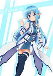 Rule 34 | 1girl, absurdres, asuna (sao), asuna (sao-alo), bare shoulders, blue eyes, blue hair, blue thighhighs, breasts, character name, commentary request, dated, detached sleeves, highres, ken-ji, long hair, looking at viewer, medium breasts, pointy ears, smile, solo, sword art online, thighhighs