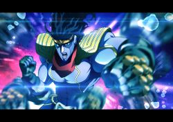 Rule 34 | 1boy, bad id, bad pixiv id, blue eyes, blue hair, blue skin, colored skin, gosyup, highres, jojo no kimyou na bouken, letterboxed, male focus, matching hair/eyes, motion blur, punching, solo, stand (jojo), star platinum