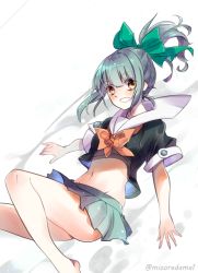 Rule 34 | 1girl, ass, bare legs, barefoot, bow, bowtie, brown eyes, green bow, green hair, green skirt, hair bow, kantai collection, looking at viewer, miniskirt, mizoredama1, one-hour drawing challenge, pleated skirt, ponytail, school uniform, serafuku, short sleeves, simple background, skirt, smile, solo, thighs, white background, yuubari (kancolle)