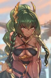 Rule 34 | 1girl, bikini, black bikini, blurry, blurry background, bow (bhp), braid, breasts, closed mouth, commentary request, dark-skinned female, dark skin, gluteal fold, granblue fantasy, green hair, hair ornament, horus (granblue fantasy), large breasts, long hair, looking at viewer, smile, solo, sweat, swimsuit, thighs, twin braids, very long hair, yellow eyes