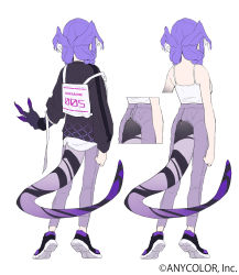 Rule 34 | 1girl, asymmetrical arms, black sweater, camisole, character sheet, clothing cutout, commentary, cropped arms, double bun, dragon tail, english commentary, from behind, hair behind ear, hair bun, head wings, highres, kamameshi gougoumaru, medium hair, nijisanji, nijisanji en, official art, open hand, pants, purple pants, selen tatsuki, selen tatsuki (1st costume), shoes, sneakers, sweater, tail, tail through clothes, variations, virtual youtuber, white background, white camisole, wings