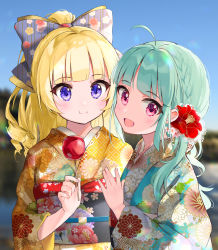 Rule 34 | 2girls, :d, ahoge, aqua hair, battle girl high school, blonde hair, blue kimono, blue sky, blurry, blurry background, blush, bow, braid, candy apple, closed mouth, commentary request, curly hair, day, eating, floral print, flower, food, from side, hair bow, hair flower, hair ornament, hand up, head tilt, highres, holding, holding food, japanese clothes, kimono, kiyosato 0928, long hair, long sleeves, looking at viewer, looking to the side, multiple girls, obi, open mouth, outdoors, print kimono, purple bow, purple eyes, red eyes, red flower, sadone, sash, sendouin kaede, sidelocks, sky, smile, upper body, wide sleeves, yellow kimono