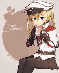 Rule 34 | 10s, 1girl, blonde hair, blue eyes, capelet, cup, gloves, graf zeppelin (kancolle), hat, kantai collection, long hair, mug, pantyhose, peaked cap, rimukoro, skirt, solo, twintails, uniform