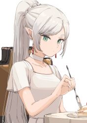 Rule 34 | 1girl, absurdres, alternate costume, alternate hairstyle, cake, cake slice, chair, choker, closed mouth, collarbone, dress, earrings, elf, fingernails, food, fork, frieren, green eyes, highres, holding, holding fork, jewelry, long hair, ogura tubuan, parted bangs, plate, pointy ears, ponytail, short sleeves, simple background, sitting, solo, sousou no frieren, table, very long hair, white background, white choker, white dress, white hair