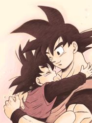 Rule 34 | 2boys, ;), black eyes, black hair, carrying, child, closed eyes, crying, dougi, dragon ball, dragonball z, father and son, happy, hug, long sleeves, looking at another, male focus, masa (p-piyo), multiple boys, one eye closed, short hair, simple background, smile, son goku, son goten, spiked hair, tears, wristband
