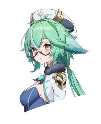 Rule 34 | 1girl, absurdres, aqua hair, armor, blush, breasts, brown-framed eyewear, chamuhz, cropped torso, from side, fur collar, genshin impact, glasses, hair between eyes, highres, long hair, looking at viewer, looking to the side, low ponytail, medium breasts, multicolored hair, parted lips, semi-rimless eyewear, shoulder armor, silver hair, simple background, solo, strapless, streaked hair, sucrose (genshin impact), two-tone hair, under-rim eyewear, upper body, vision (genshin impact), white background, white headwear, yellow eyes