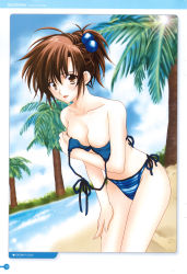 Rule 34 | 00s, 1girl, :d, ahoge, antenna hair, arm support, artbook, bare shoulders, beach, bikini, blue bikini, blurry, blush, breast hold, breasts, brown hair, cleavage, cloud, dated, day, depth of field, dutch angle, fingernails, girls bravo, hair between eyes, hair bobbles, hair ornament, hand on own thigh, hand on thigh, highres, kojima kirie, large breasts, leaning forward, lens flare, long fingernails, looking at viewer, looking back, mario kaneda, non-web source, ocean, official art, open mouth, orange eyes, outdoors, ponytail, profile, scan, short hair, side-tie bikini bottom, sky, smile, solo, standing, striped bikini, striped clothes, swimsuit, undressing, water