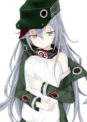 Rule 34 | 1girl, :&lt;, absurdres, chixiao, g11 (girls&#039; frontline), girls&#039; frontline, hat, highres, jacket, jitome, long hair, pillow, grey eyes, solo, white hair