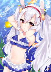 Rule 34 | 1girl, air bubble, animal, animal ears, armpits, arms up, azur lane, bare shoulders, bikini, blue bikini, blush, bubble, clownfish, commentary request, day, fish, hair between eyes, hair ornament, hairband, laffey (azur lane), long hair, looking at viewer, misaki (misaki86), navel, outdoors, parted lips, rabbit ears, red eyes, red hairband, silver hair, solo, striped, swimsuit, twintails, underwater, very long hair, water