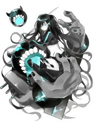 Rule 34 | 10s, 1girl, abyssal ship, alternate costume, bad id, bad twitter id, black hair, black rock shooter, black rock shooter (character), blue eyes, hair over one eye, horns, kantai collection, long hair, looking at viewer, midriff, over shoulder, rero (bigdoorbig2), sword, sword over shoulder, teeth, tongue, twintails, weapon, weapon over shoulder