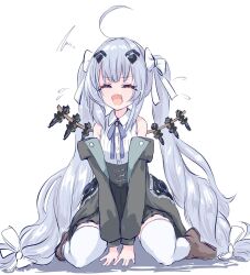 Rule 34 | 1girl, ahoge, assault lily, bare shoulders, black jacket, black skirt, blue ribbon, bow, brown footwear, closed eyes, collared shirt, commentary request, crying, fang, flying teardrops, full body, grey hair, hair bow, hair ornament, highres, jacket, long hair, miniskirt, miriam hildegard von gropius, neck ribbon, neni hatahachi, off shoulder, official alternate costume, open clothes, open jacket, open mouth, pleated skirt, ribbon, shirt, shoes, sidelocks, simple background, sitting, sketch, skin fang, skirt, sleeveless, sleeveless shirt, solo, squiggle, thighhighs, twintails, underbust, v arms, very long hair, wariza, white background, white bow, white shirt, white thighhighs