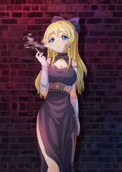 Rule 34 | 10s, 1girl, ayase eli, bare legs, blonde hair, blue eyes, bow, breasts, brick wall, cigarette, cleavage cutout, clothing cutout, dress, earrings, elbow gloves, emia wang, gloves, hair bow, jewelry, large breasts, long hair, love live!, love live! school idol festival, love live! school idol project, piercing, purple bow, purple dress, smoking, solo, wall, white gloves