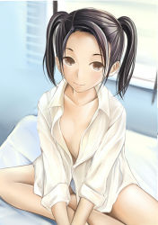 Rule 34 | 1girl, bare legs, black hair, window blinds, blouse, brown eyes, collarbone, flat chest, indian style, indoors, kobayakawa rinko, looking at viewer, love plus, naked shirt, nannacy7, on bed, open clothes, open shirt, panties, shirt, short hair, sitting, sleeves rolled up, smile, solo, two side up, underwear, white panties, white shirt, window
