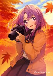 Rule 34 | 1girl, autumn, autumn leaves, blush, camera, camera around neck, cardigan, collared shirt, commission, day, highres, holding, holding camera, leaf, long hair, long sleeves, looking at viewer, maple leaf, neck ribbon, nishida yuu, open mouth, original, outdoors, pleated skirt, purple eyes, purple hair, ribbon, shirt, shirt tucked in, skeb commission, skirt, sky, smile, solo