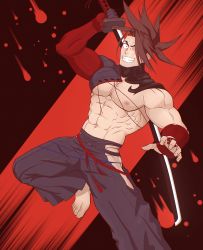 Rule 34 | 1boy, abs, absurdres, adanxart, bara, fate/grand order, fate (series), grin, hakama, hakama pants, highres, japanese clothes, katana, looking at viewer, male focus, mature male, muscular, muscular male, pants, pectorals, red rope, rope, smile, solo, sword, tanaka shinbei (fate), weapon