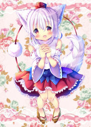 Rule 34 | 1girl, :d, animal ears, bare shoulders, blush, chocolat (momoiro piano), detached sleeves, fang, floral background, foreshortening, frilled skirt, frills, geta, hair between eyes, hat, head tilt, high collar, interlocked fingers, inubashiri momiji, knees together feet apart, layered skirt, long sleeves, looking at viewer, open mouth, own hands clasped, own hands together, patterned background, pom pom (clothes), red eyes, red skirt, ribbon-trimmed sleeves, ribbon trim, shirt, short hair, skirt, smile, solo, tail, tokin hat, touhou, white hair, white shirt, wide sleeves, wolf ears, wolf tail