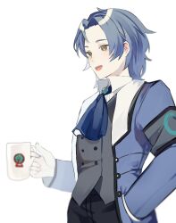 Rule 34 | 1boy, blue coat, blue hair, blue nails, chesed (project moon), coat, collared shirt, grey vest, hand up, highres, lobotomy corporation, long sleeves, male focus, medium hair, msx (mis4xi), open mouth, parted bangs, project moon, shirt, simple background, smile, solo, vest, white background