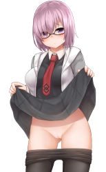Rule 34 | 1girl, black dress, blush, breasts, cleft of venus, clothes lift, clothes pull, dress, fate/grand order, fate (series), glasses, hair over one eye, highres, mash kyrielight, mizushina minato, necktie, pantyhose, pantyhose pull, purple eyes, purple hair, pussy, short hair, simple background, skirt, skirt lift, solo, white background