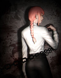 Rule 34 | 1girl, absurdres, artist name, ass, back, black pants, blood, blood splatter, braid, braided ponytail, chain, chainsaw man, commentary, cowboy shot, czy (2894456992), dated, dress shirt, eyelashes, from behind, grin, highres, holding, holding chain, long hair, long sleeves, looking at viewer, looking back, makima (chainsaw man), orange eyes, pants, red hair, revision, shirt, shirt tucked in, smile, solo, twitter username, watermark, white shirt