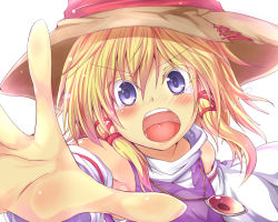 Rule 34 | 1girl, bad id, bad pixiv id, blonde hair, blue eyes, blush, detached sleeves, female focus, hair ribbon, hat, jewelry, moriya suwako, open mouth, oukawa yuu, outstretched arm, outstretched hand, pendant, reaching, ribbon, short hair, simple background, solo, tears, touhou, white background