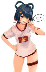 Rule 34 | 1girl, 2049 (hh5566), blue hair, blush, braided hair rings, breasts, commentary request, dark blue hair, genshin impact, hair rings, hand on own hip, korean commentary, korean text, looking at viewer, no pants, open mouth, pixel art, print shirt, shirt, short hair, short sleeves, simple background, small breasts, solo, sweat, teeth, translation request, upper teeth only, white background, white shirt, xiangling (genshin impact), yellow eyes