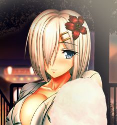 Rule 34 | 10s, 1girl, blonde hair, blue eyes, blush, breasts, cleavage, commentary request, hair ornament, hair over one eye, hamakaze (kancolle), japanese clothes, kantai collection, kimono, large breasts, looking at viewer, mo-frederick, short hair, smile, solo, upper body