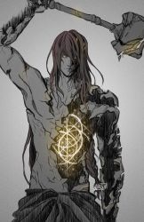 Rule 34 | 1boy, absurdres, aresvalto, arm above head, brown hair, cracked skin, elden ring, elden ring (object), grey background, hammer, hand up, highres, holding, holding hammer, hole in chest, hole on body, long hair, male focus, radagon of the golden order, signature, simple background, solo, spoilers, very long hair, yellow eyes