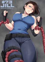 Rule 34 | 1boy, 1girl, blue eyes, breasts, brown hair, gloves, highres, jill valentine, looking at viewer, nemesis (resident evil), pants, resident evil, resident evil 3, resident evil 3: nemesis, resident evil 3 (remake), sgt crisis, simple background, solo focus, tentacles