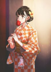 Rule 34 | 1girl, bag, bagged fish, black hair, blurry, blurry background, blush, braid, brown eyes, butterfly hair ornament, candy apple, checkered clothes, checkered kimono, commentary request, cowboy shot, depth of field, eating, fish, flower, food, french braid, hair ornament, highres, holding, japanese clothes, jun (navigavi), kimono, long sleeves, looking away, obi, orange kimono, original, red flower, sash, short hair, solo, tareme, wide sleeves