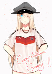 Rule 34 | 10s, 1girl, 2014 fifa world cup, ;), adidas, bismarck (kancolle), blonde hair, blue eyes, blush, bottomless, breasts, congratulations, germany, hands on own hips, hat, hinagi (fox priest), kantai collection, long hair, looking at viewer, one eye closed, peaked cap, smile, soccer, soccer uniform, solo, sportswear, white background, world cup