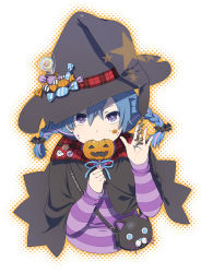 Rule 34 | 1girl, blue eyes, blue hair, braid, candy, cape, facepaint, food, halloween, hat, hat ornament, jack-o&#039;-lantern, lollipop, looking at viewer, matching hair/eyes, mattaku mousuke, mouth hold, original, pumpkin, shirt, simple background, solo, star-shaped pupils, star (symbol), striped clothes, striped shirt, symbol-shaped pupils, twin braids, white background, witch hat