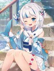 Rule 34 | 1girl, arrow (projectile), blue eyes, blue hair, blue nails, blush, bow, day, detached sleeves, earmuffs, fins, fish tail, gawr gura, gawr gura (new year), hair ornament, hamaya, heart, highres, holding, holding arrow, hololive, hololive english, japanese clothes, kimono, long sleeves, looking at viewer, multicolored hair, nail polish, new year, obi, omelet tomato, one eye closed, open mouth, outdoors, sash, shark tail, sharp teeth, short hair, short kimono, short twintails, silver hair, sitting, smile, snow, solo, stairs, streaked hair, tail, tail bow, tail ornament, teeth, thigh strap, thighs, twintails, virtual youtuber, white bow