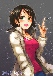 Rule 34 | 10s, 1girl, 2016, black hair, breasts, cleavage, collarbone, commentary request, dated, eyebrows, green eyes, hand in pocket, hand up, happy birthday, harada miyo, idolmaster, idolmaster cinderella girls, jacket, jewelry, kaoru348, key, long sleeves, looking at viewer, necklace, open mouth, short hair, solo