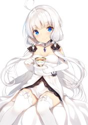 Rule 34 | 1girl, aged down, ahoge, anchor, azur lane, bare shoulders, blue eyes, blush, breasts, closed mouth, collarbone, commentary request, cross, cup, detached collar, dress, elbow gloves, floating hair, flower, garter straps, gem, gloves, hair flower, hair ornament, head tilt, holding, holding cup, holding plate, illustrious (azur lane), jewelry, latin cross, long dress, long hair, looking at viewer, low twintails, mole, mole under eye, pendant, plate, simple background, sitting, small breasts, smile, solo, strapless, strapless dress, tea, teacup, thighhighs, twintails, very long hair, white background, white dress, white gloves, white hair, white theme, white thighhighs, yappen